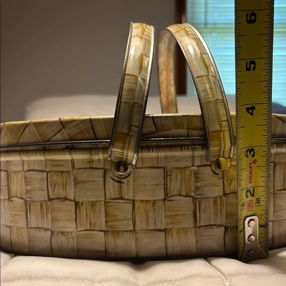 Vintage Tin Box Oval Sewing Basket Picnic Basket Double Swing Handle